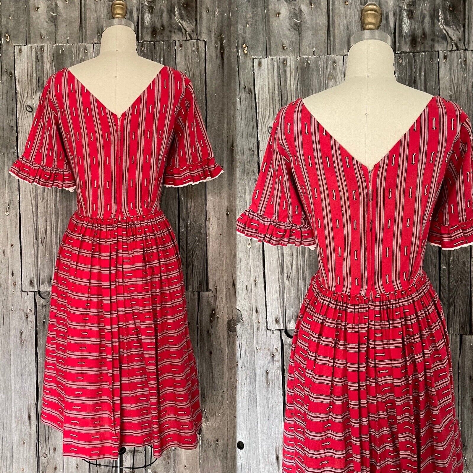 Vintage 1950’s Cherry Red Striped Cotton Fit & Fl… - image 5