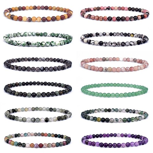 Handmade 4 6mm Natural Gemstone Agate Round Beads Braid Stretch Bracelet Unisex - Picture 1 of 65