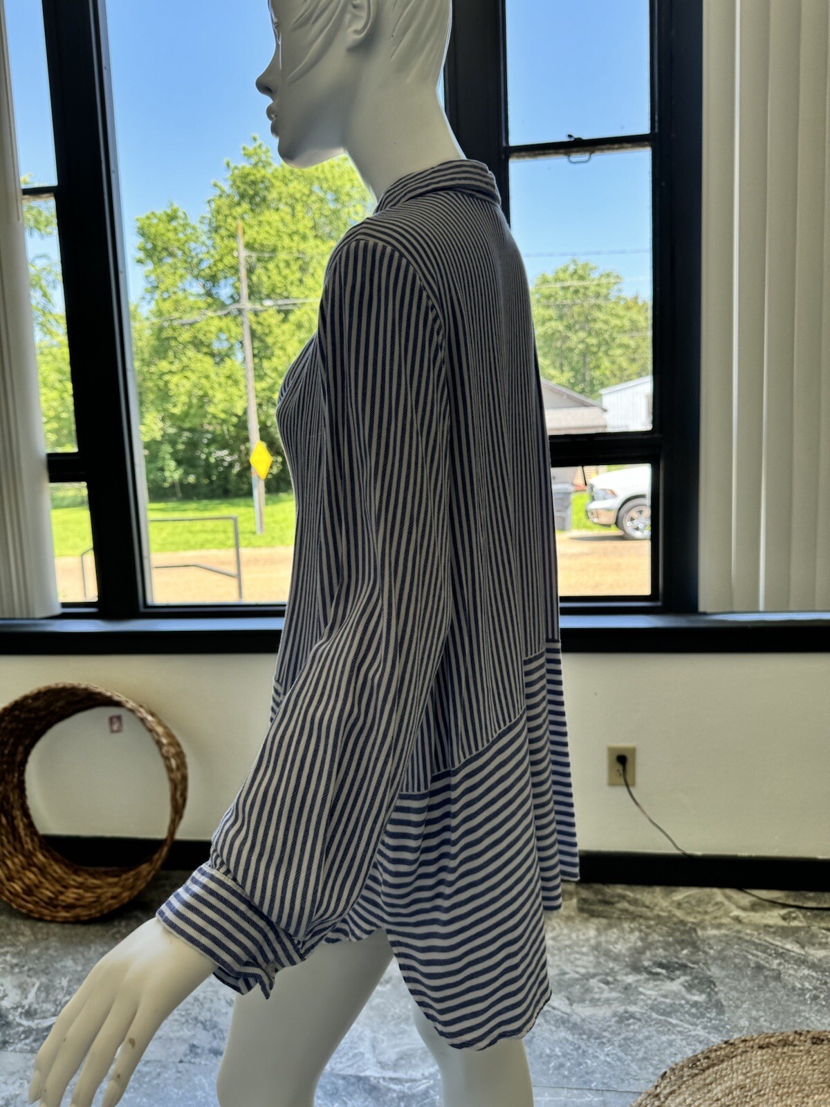 CJ Banks-1X-blue And White Striped V-neck Button Down Shirt