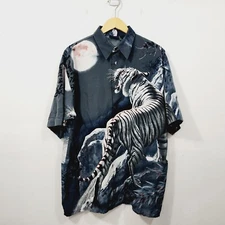 LA Gate Sportswear White Tiger Graphic AOP Print Button Down Shirt Silky Men's L