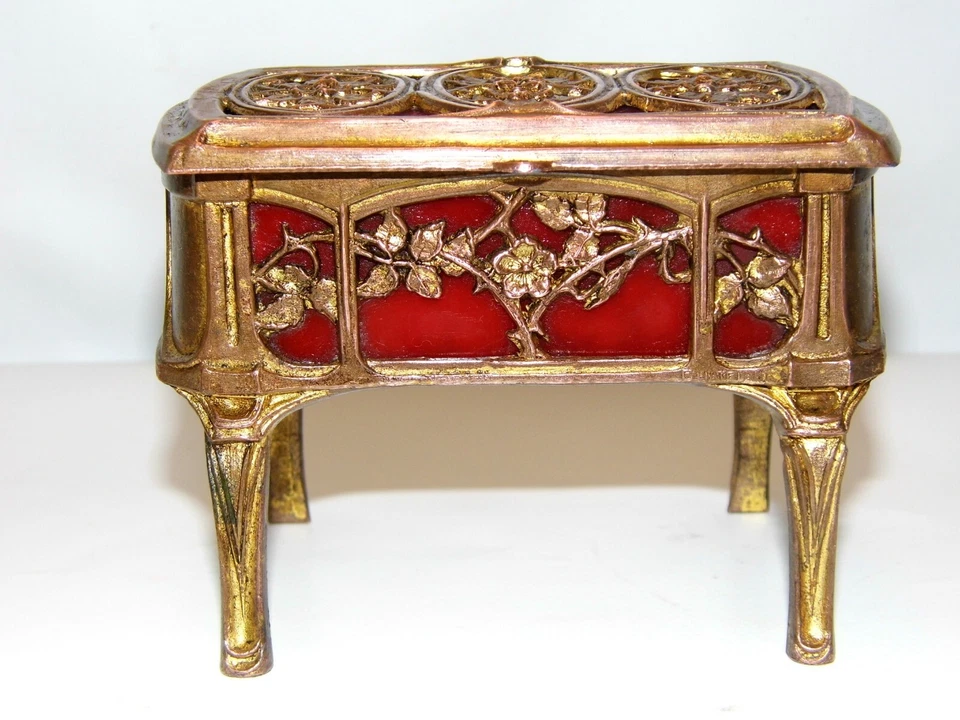 BOITE A BIJOUX RARE ANTIQUE EPOQUE ART-NOUVEAU BRONZE DORE SIGNÉ CHÂTELAIN BE - Photo 1/4