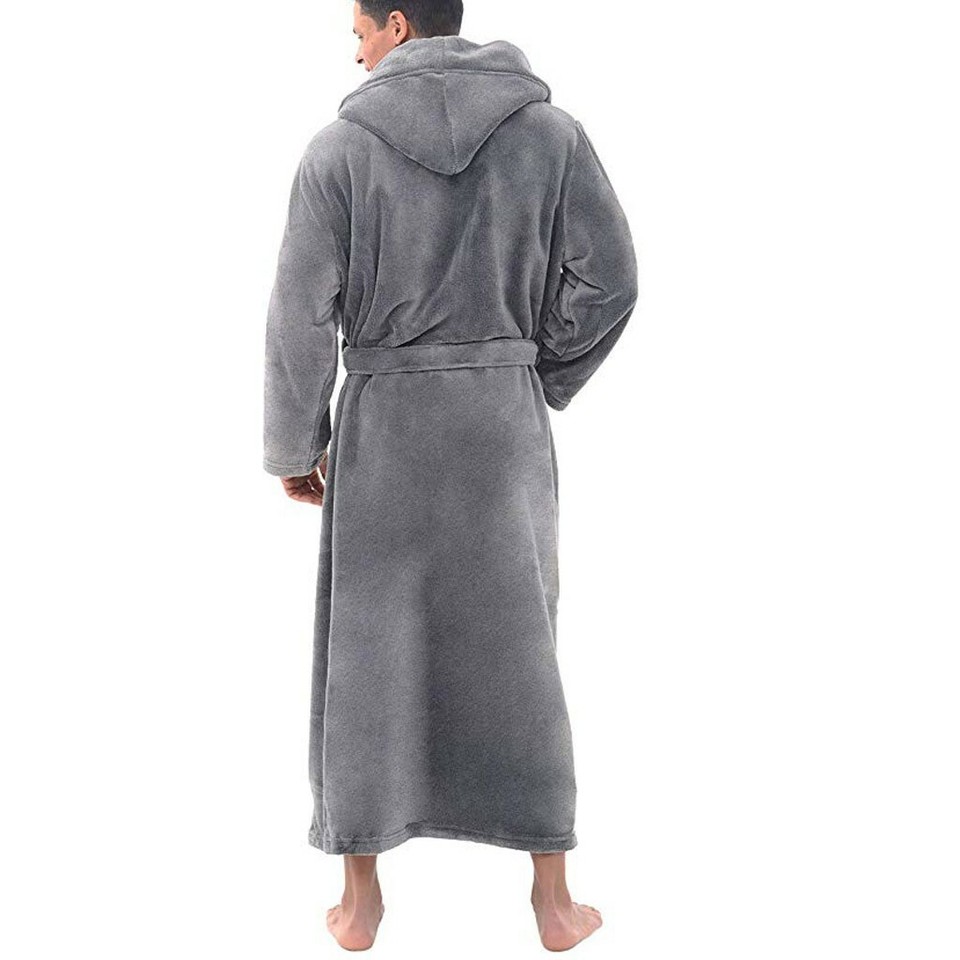 Mens Soft Hooded Bathrobe Long Plush Fleece Bath Robe Warm Gift w/ Hood