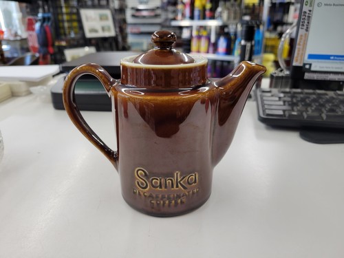 Vintage Sanka Decaffeinated Coffee Pot Hall Pottery 1895 Individual Brown Glaze - Picture 3 of 9