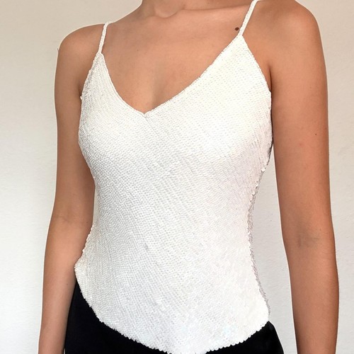 Y2K silver sequin silk mermaid cami top