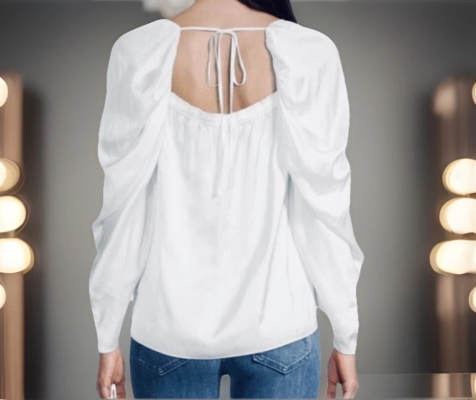 $458 KOBI HALPERIN Blouse Women S DINA Plisse Square Neck Satin White Tunic EUC - Image 4 of 4