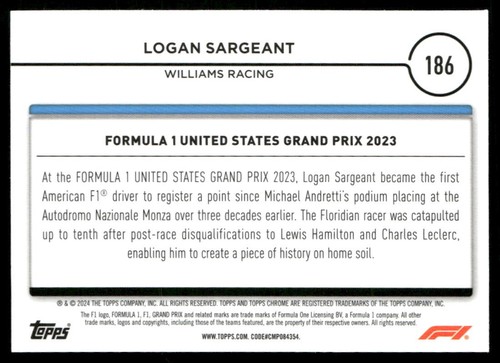 2024 Topps Chrome Formula 1 Logan Sargeant Williams #186 - Picture 2 of 2