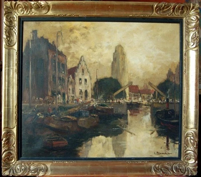 Gustave Flasschoen (1868-1940) " Canal en Hollande " école BELGE - Photo 1/4