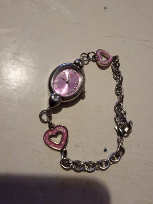 Link Charm Watch Bracelet Heart Silver Metal Womens Pink Needs Battery