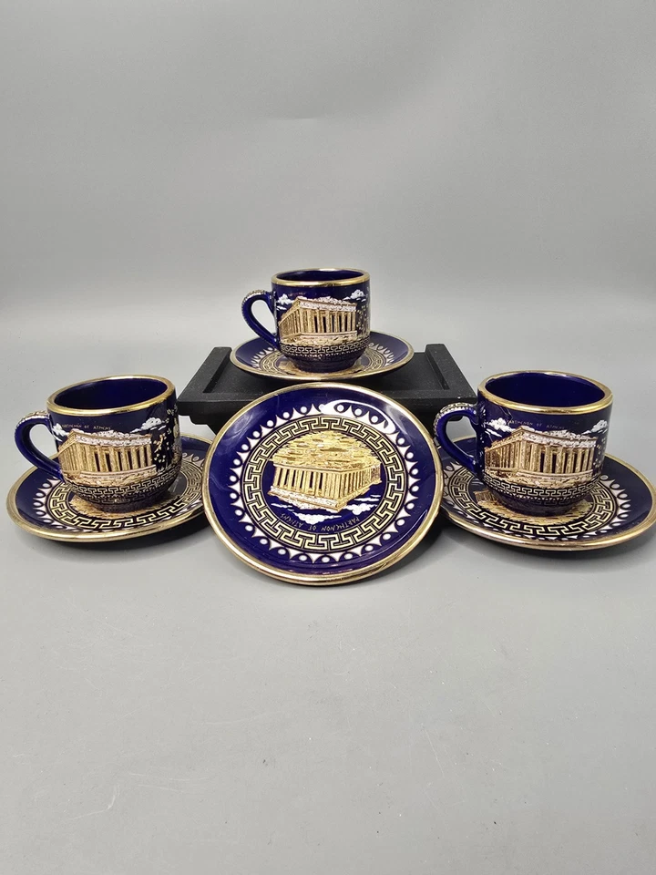 SM Hecho a Mano en Grecia Oro 24K Partenón Demitasse/Espresso Set 3 Salchichas 3 Tazas Foto 3 de 4