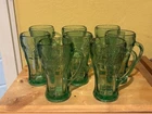 Vintage Green Coca-Cola Soda Thick Heavy Glass Mug with Handle 6-1/4" Set of 8