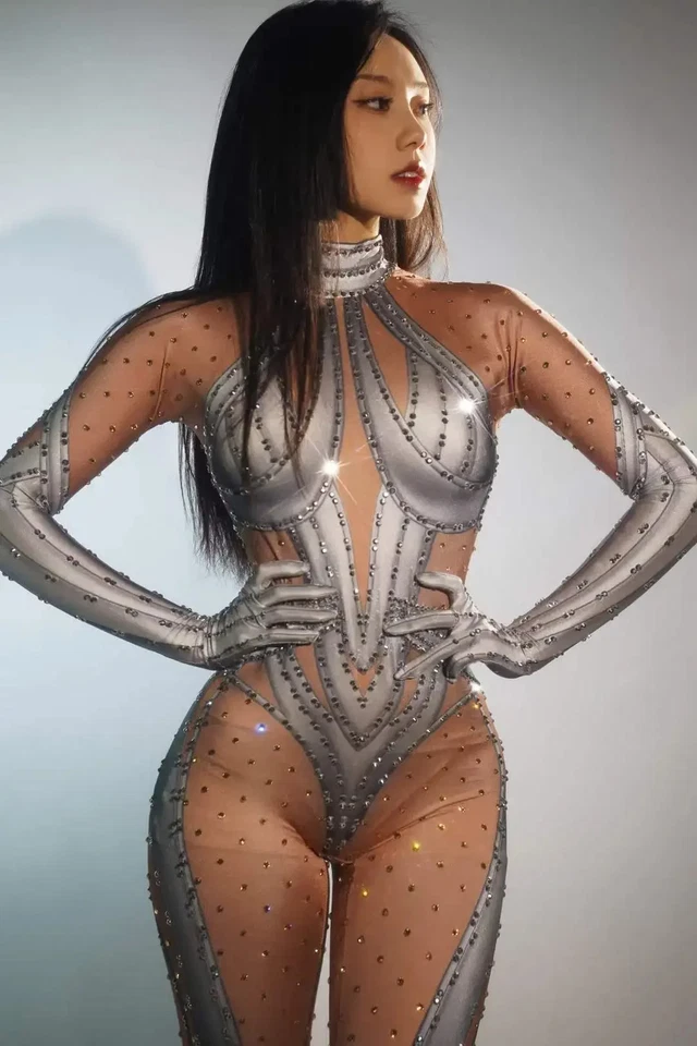 Monos de estrás para mujer Pole Dance club nocturno ropa de escenario rendimiento Foto 2 de 4