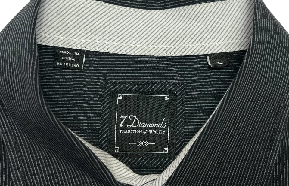 Camisa masculina 7 diamantes (L) preta cinza listrada botão para cima dragonas mangas aba rolo - Imagem 3 de 4