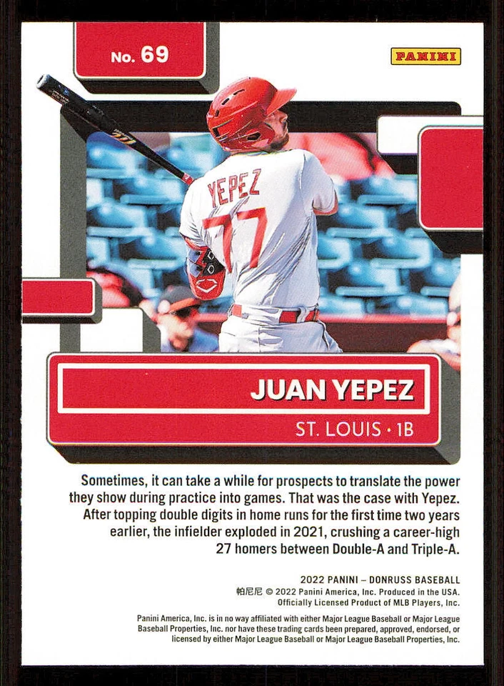 2022 Donruss Holo Blue #69 Juan Yepez RR - Image 2 of 2