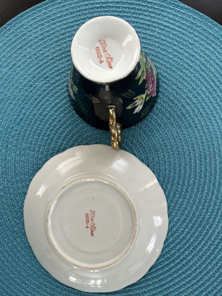 Vintage Black And Floral Tea Cup And Saucer, Hand painted Vintage Black And Floral Tea Cup And Saucer, Hand painted
