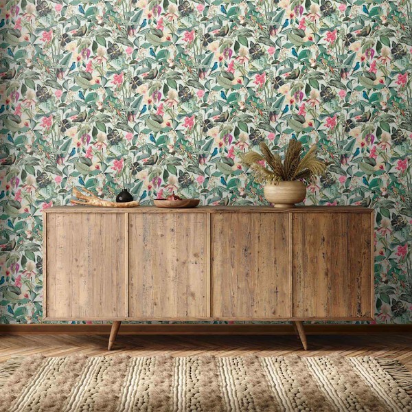 Vliestapete Tropen Dschungel Floral VöGel BläTter GrüN Rosa 81684 (5,06€/1Qm)-image