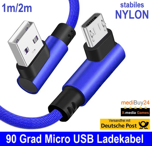 Micro USB Ladekabel, 90 Grad Winkel, Handy Kabel, Huawei Xiaomi LG, 1m, 2m, Blau
