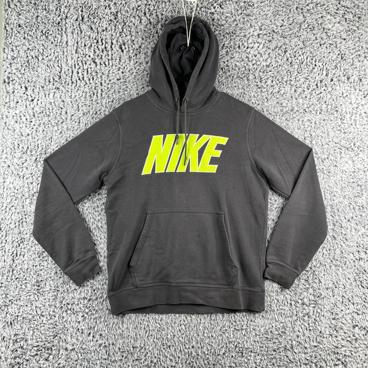 VINTAGE Nike sweater men s M gray big neon green spell out logo pullover hoodie