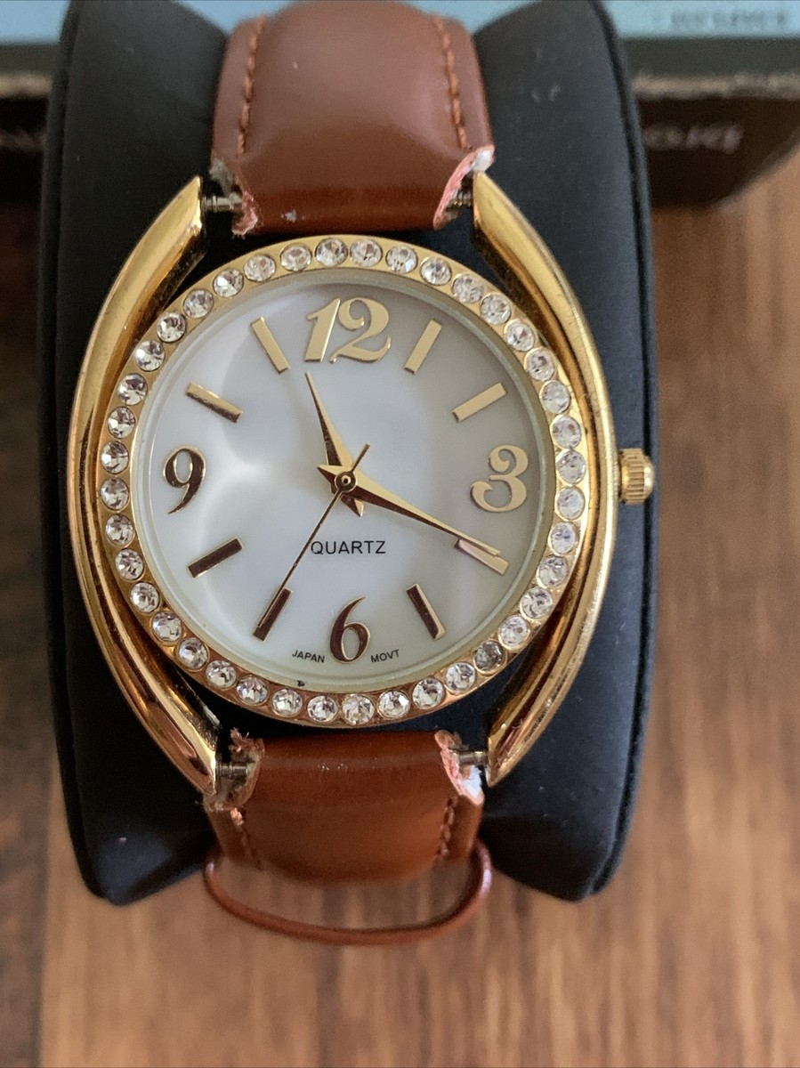 Womens Vintage MOP Homer Quartz Watch Gold Tone Brown Leather Band New Battery Vintage Gold Plated Women main image 2