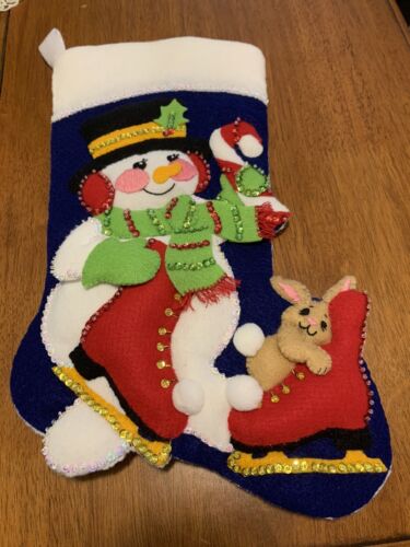 Hobby Kraft Storybook 18" Felt Christmas Stocking Handcrafted Skating Snowman - Picture 1 of 8