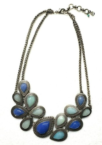 Fashion Necklace Boho Gem Stones Blue Silver Tone Chain Double Strand Beauty 18"