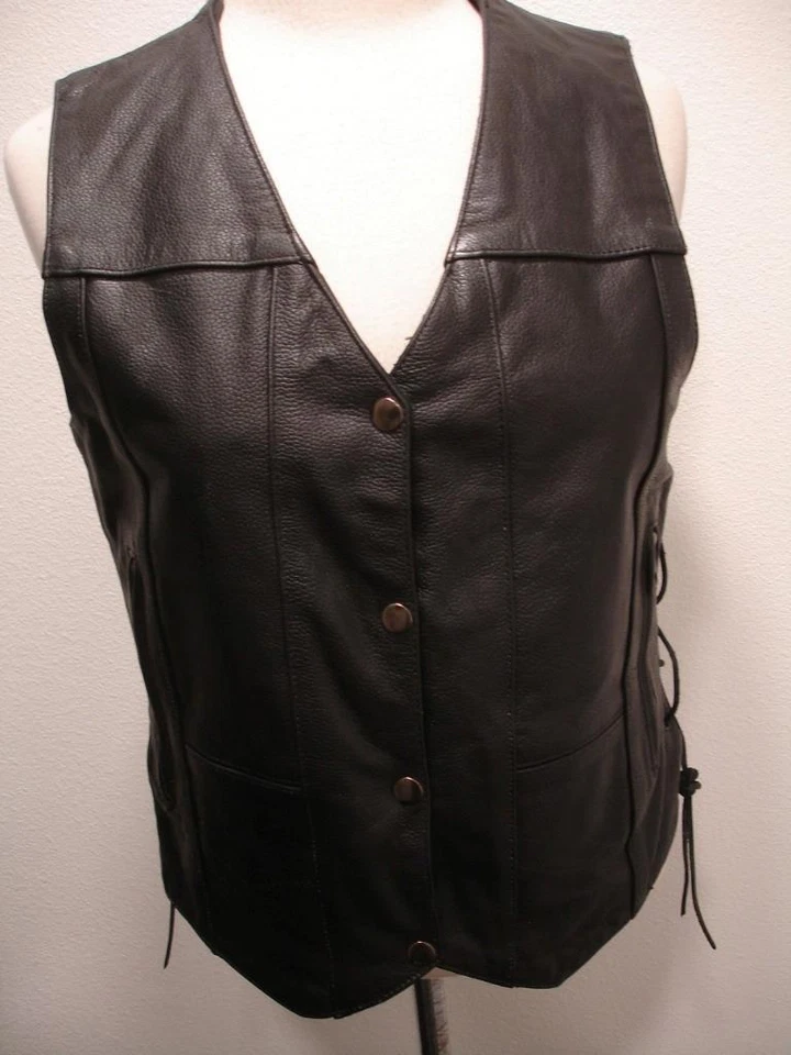 Women's sz L Element Black Leather Motorcycle Riding Vest Jacket Snap Moto Biker - Image 3 of 4