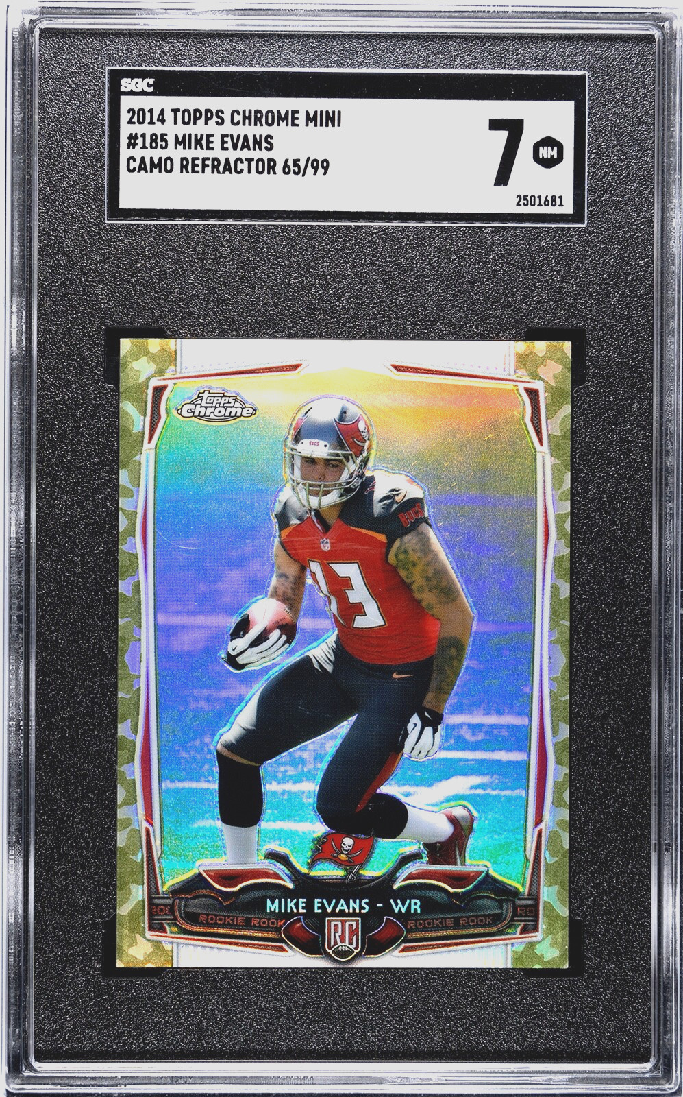 2014 TOPPS CHROME, MIKE EVANS, #185, MINI ROOKIE CAMO REFRACTOR, SERIAL #65/99