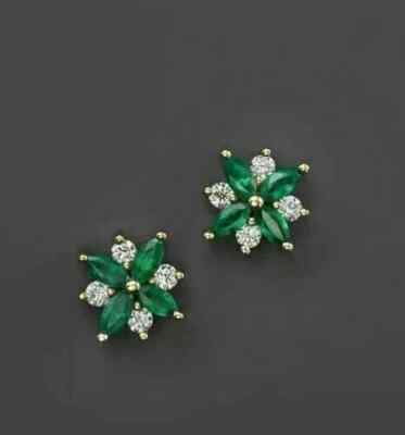 2Ct Marquise Cut Lab-Created Emerald Flower Stud Earrings 14K Yellow Gold Plated