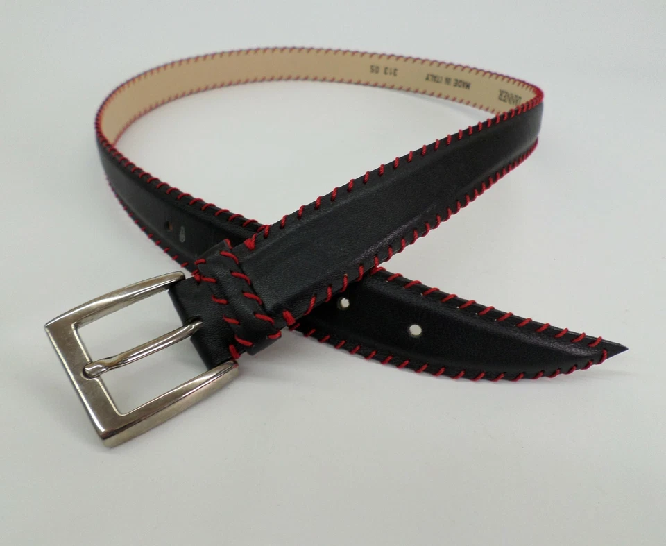Cinto de couro Tanner médio 30 borda costurada preto vermelho 313 05 feito na Itália - Imagem 2 de 4