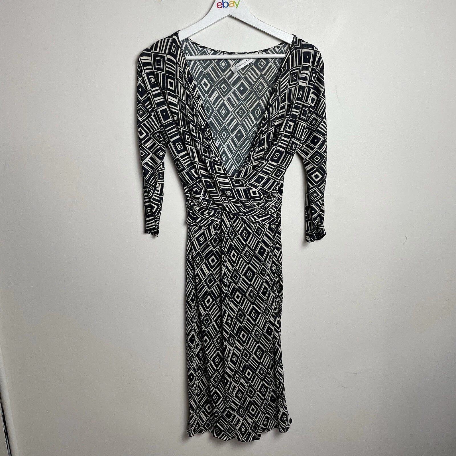 Christian Dior Dress Size 40 / 12 Viscose 3/4 Sleeve Deep Neck Italy No Belt