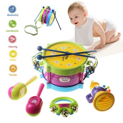 Kindertrommel Trumpet Rassel Sandhammer Baby Musik Instrument Spielzeug 5tlg