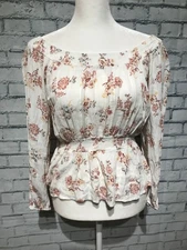 Pink Rose, M, White Floral Print, Smocked Neck & Waist, Winkle Stretch Fabric