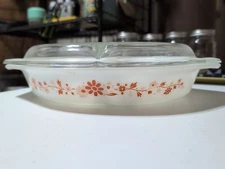 Pyrex Floral 1 1/2 Quart Divided Casserole Dish Orange Floral 1965 Promotional