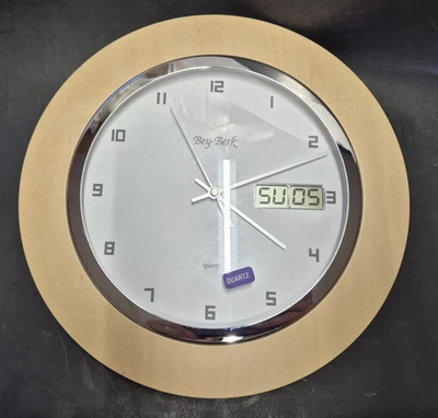 Bey-Berk Quartz Analog & Digital Round Wall Clock Wood Accent - Image 1 of 4