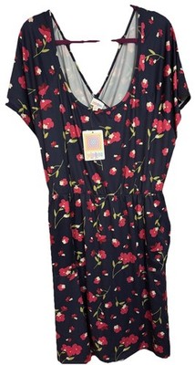 LulaRoe Alicia Cross Back Dress Red Floral Navy Background 3XL SS Side Pockets