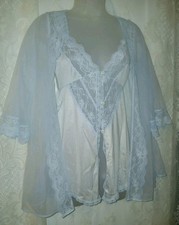 Vintage 70s Blue Sheer Chiffon Nylon Lace Nighty Peignoir Robe Lingerie Set XS