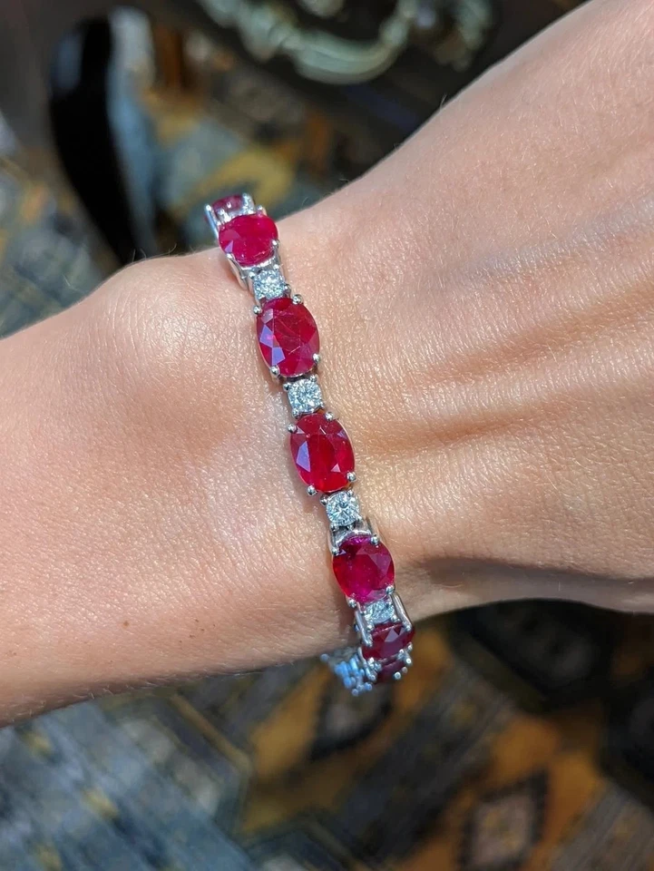 18.00Ct Oval Cut Natural Ruby Diamond Link Tennis Bracelet 18K Solid White Gold - Image 2 of 4