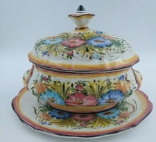 Large Floral Hand Painted Ceramic Tureen Covered Dish & Underplate Portugal 