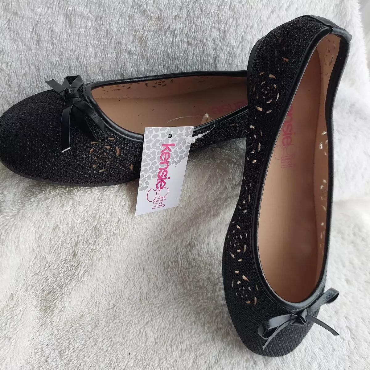 KENSIE Girl Ballerina Flats Shoes Bow Toes Sparkly Black Filigree