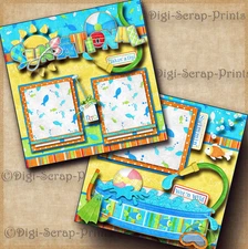 SUNSATIONAL summer POOL swim 2 premade scrapbook pages paper piecing ~ DIGISCRAP
