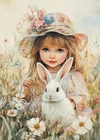 print ACEO Art Card Rabbit Girl Garden Flower Bunny Animal Limited Edition