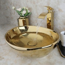 16.6"Bathroom Gold Oval Ceramic Basin Sink Bowl Tap Pop Drain Mixer Faucet Set