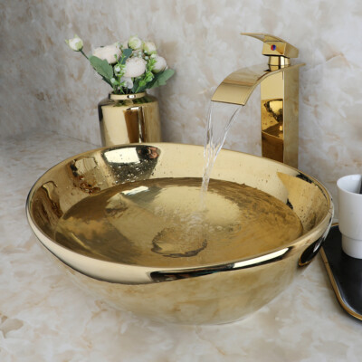 Gold Ceramic Basin Bathroom Vessel Sink Basin Bowl Waterfall Mixer Faucet Combo