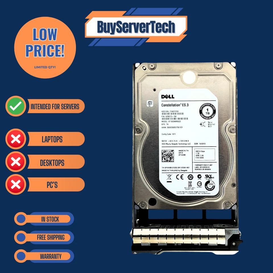 Dell FNW88 1TB 7.2K 3.5" SAS 6Gb/s HDD ST1000NM0023 w/Tray | Zero Hours | 1YR - Image 4 of 4