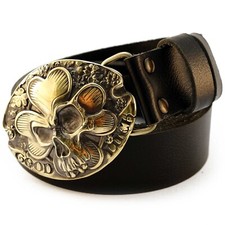 Leather belt with Lucky buckle, Irish St Patrick, four leaf clover brass buckle