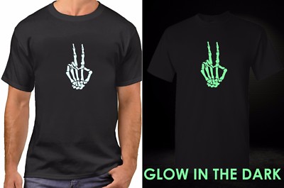 Glow in the Dark Skeleton Hand Peace Sign Shirt Halloween Hippie Love Tee Men