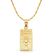 14K Yellow Gold Primera Comunion Charm Pendant &0.9mm Singapore Chain Necklace