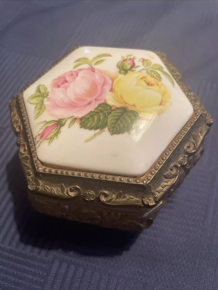 VTG Westland Co. Metal Music Box Floral Porcelain Top Sankyo Japan Hinge Broken