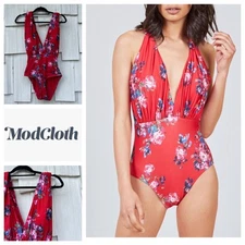 NWOT ModCloth The Lauren Red Floral Plunge Halter One-Piece Swimsuit Size XL