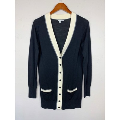 Halogen Longline Cardigan Sweater Women's M Black Cream Merino Wool Pockets