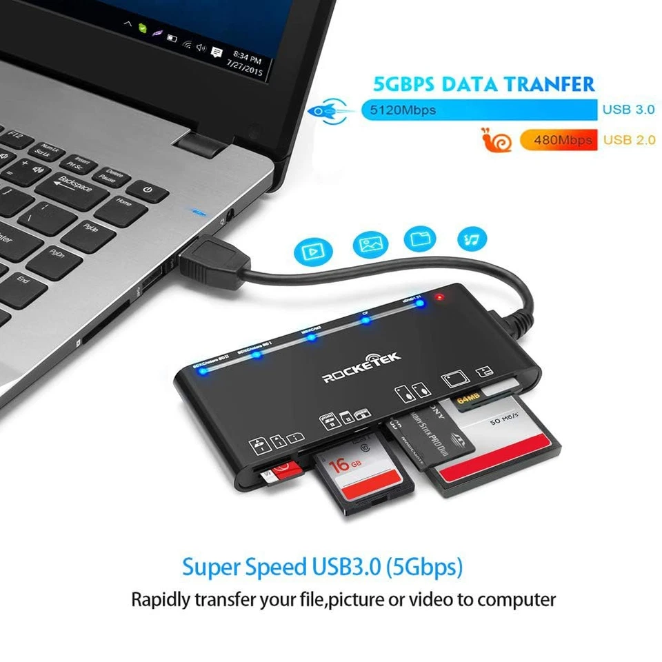 USB 3.0 Kartenleser, 7 in 1 SD/TF/CF/MS/XD/Micro SD Speicherkartenleser mit U... - Bild 3 von 4